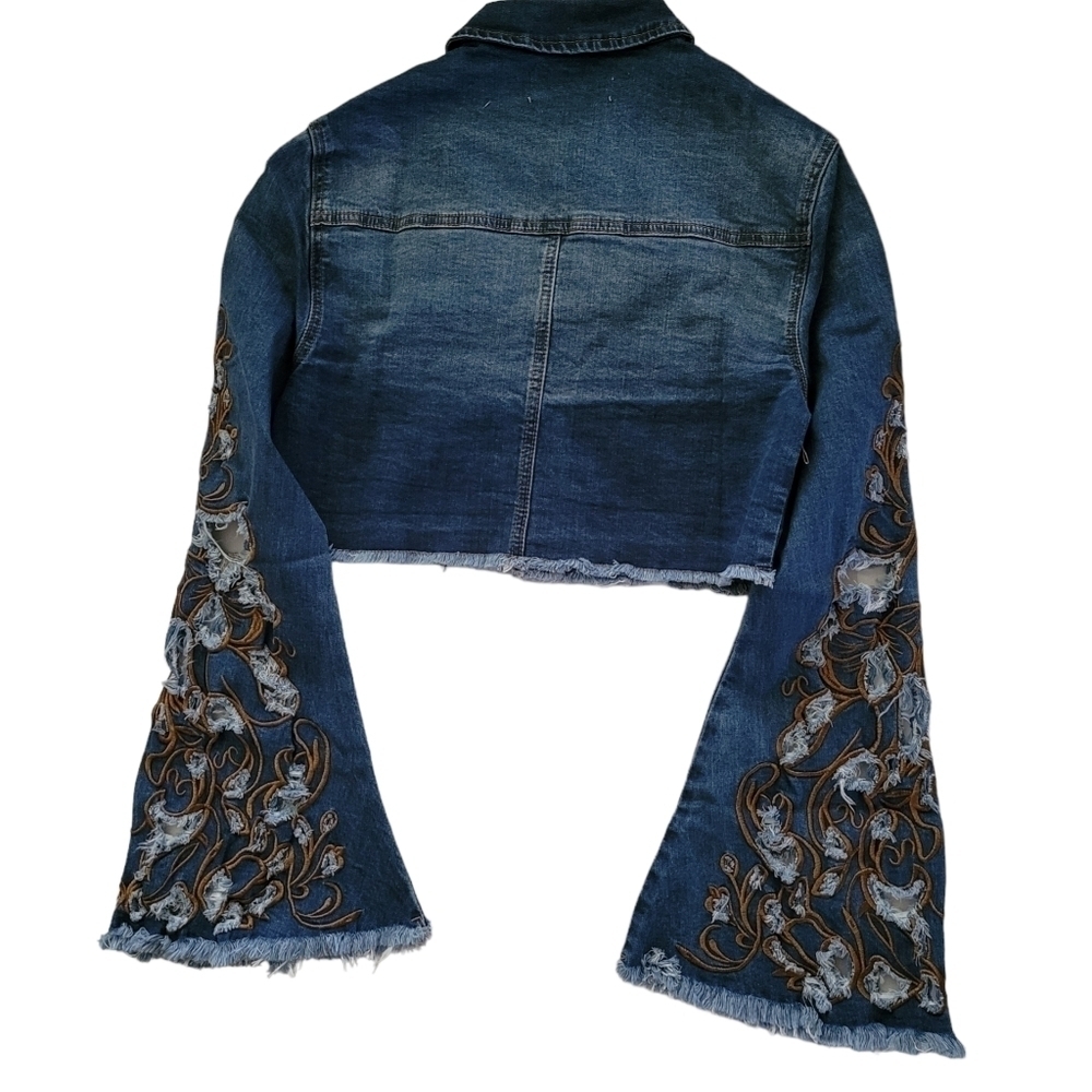 Cropped Embroidered Long Bell Sleeve Button Up Denim Jean Jacket - Picture 3 of 13